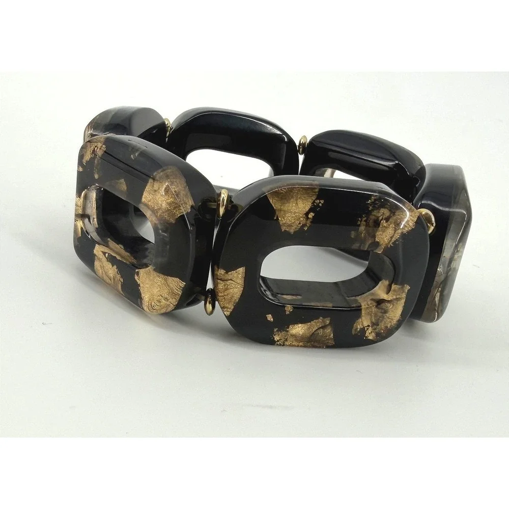 Black and Gold Leaf Resin Chunky Stretch Bracelet Statement Rectangular Link